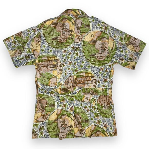 True Vintage 60s Surfline Barkcloth Hawaiian Shirt Sz M w Flap Pockets, Epaulets - Picture 3 of 14